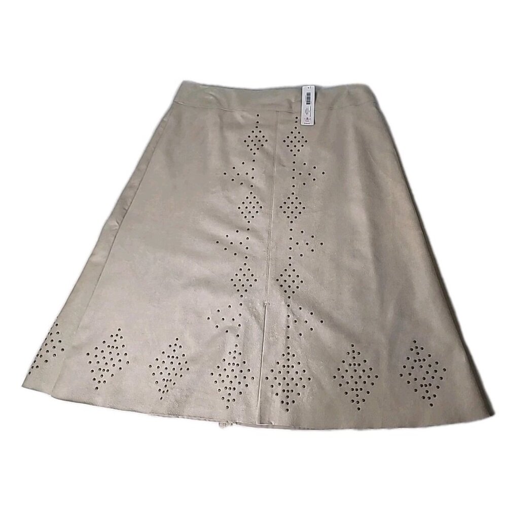Chico's Faux Suede Skirt Size 2 L Cream Costal Sands Flare Stud Embellished NWT